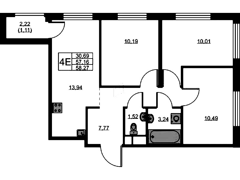 3-комнатная квартира 58.27 м², 5/5 эт., ЖК «GloraX Новоселье»